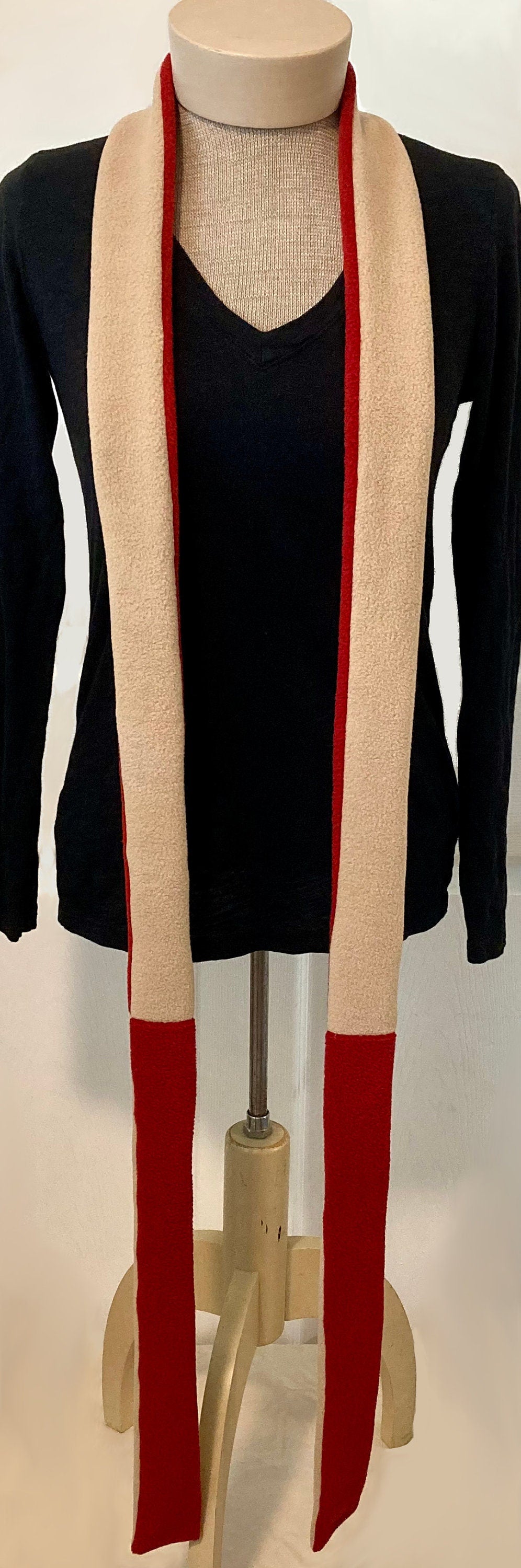 Skinny Fleece Scarf with Beige and Red Reversible Design