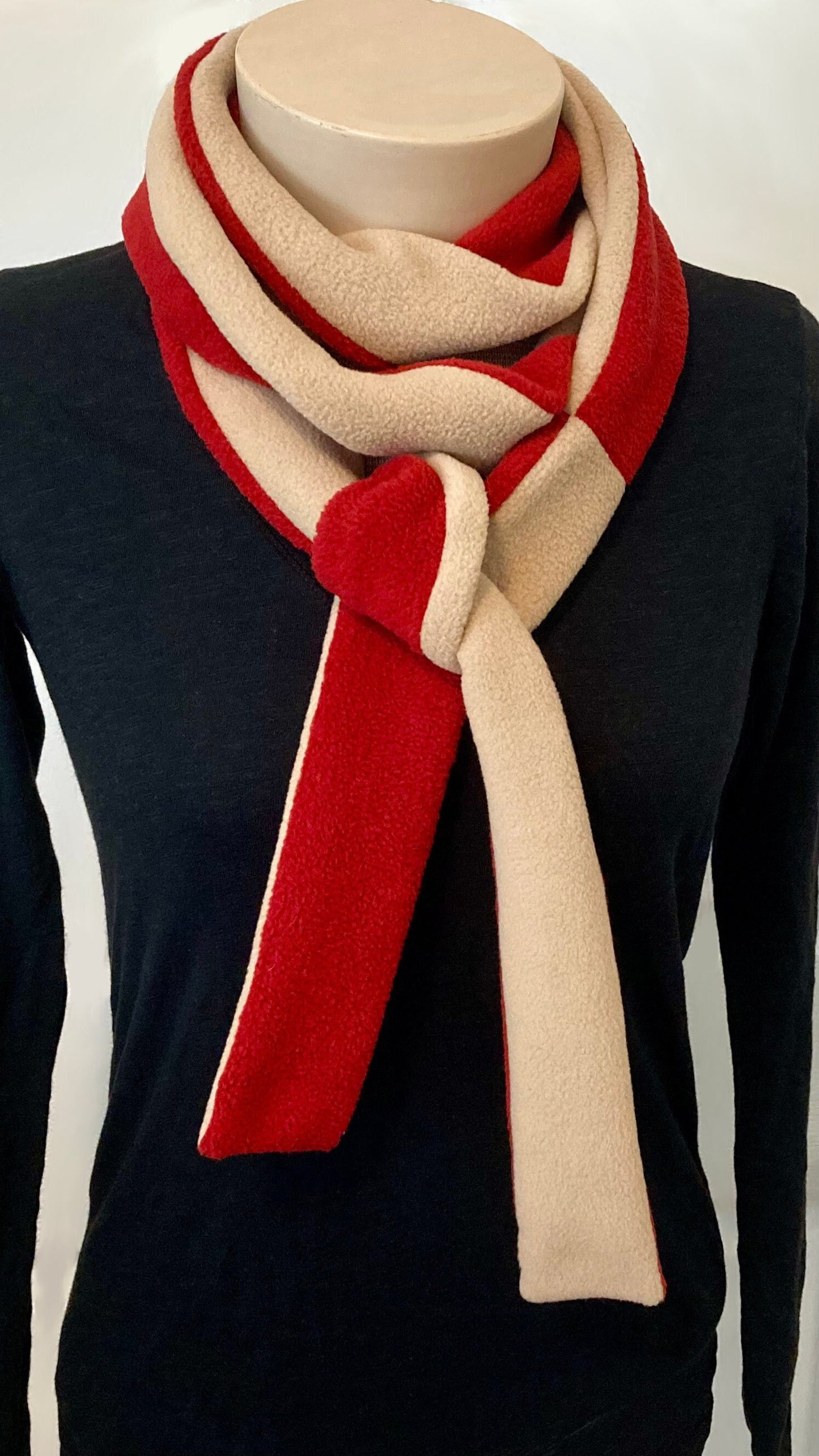Skinny Fleece Scarf with Beige and Red Reversible Design