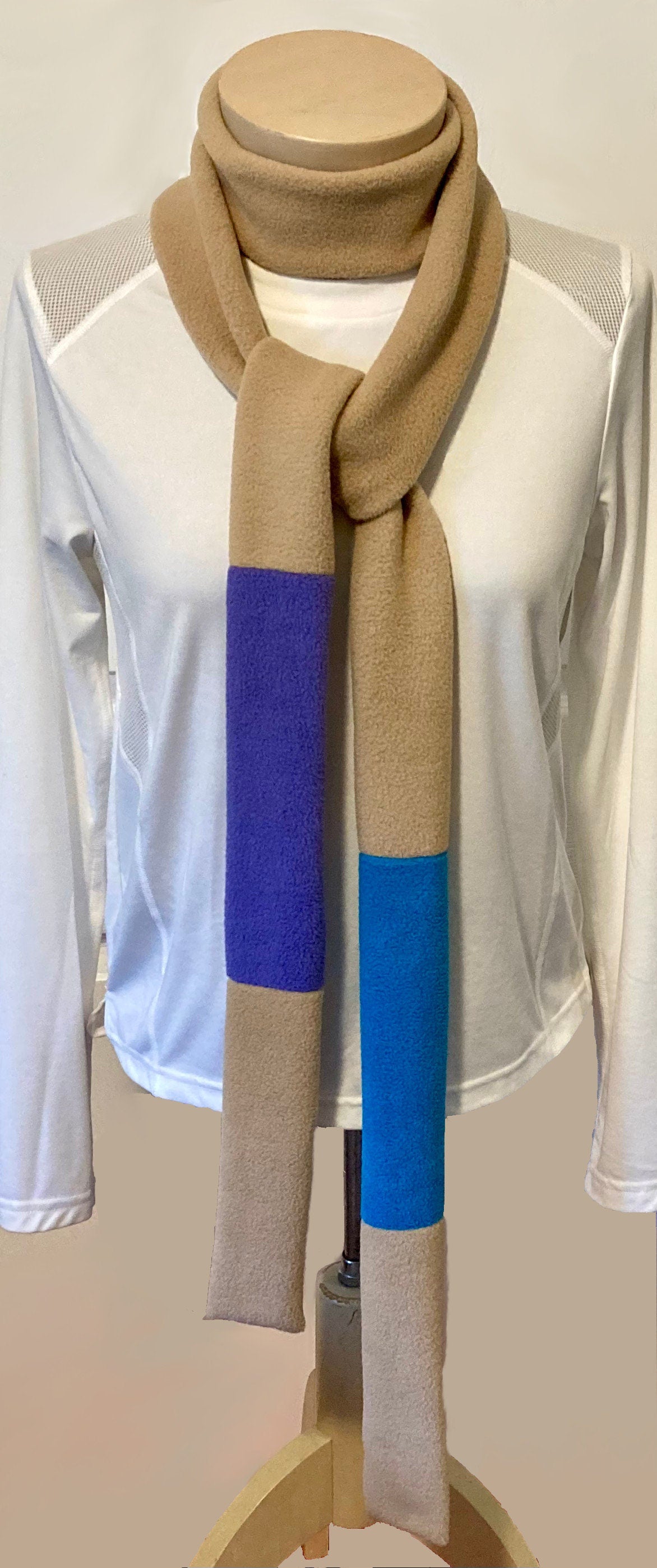 Skinny Fleece Scarf with Beige, Turquoise and Purple Design