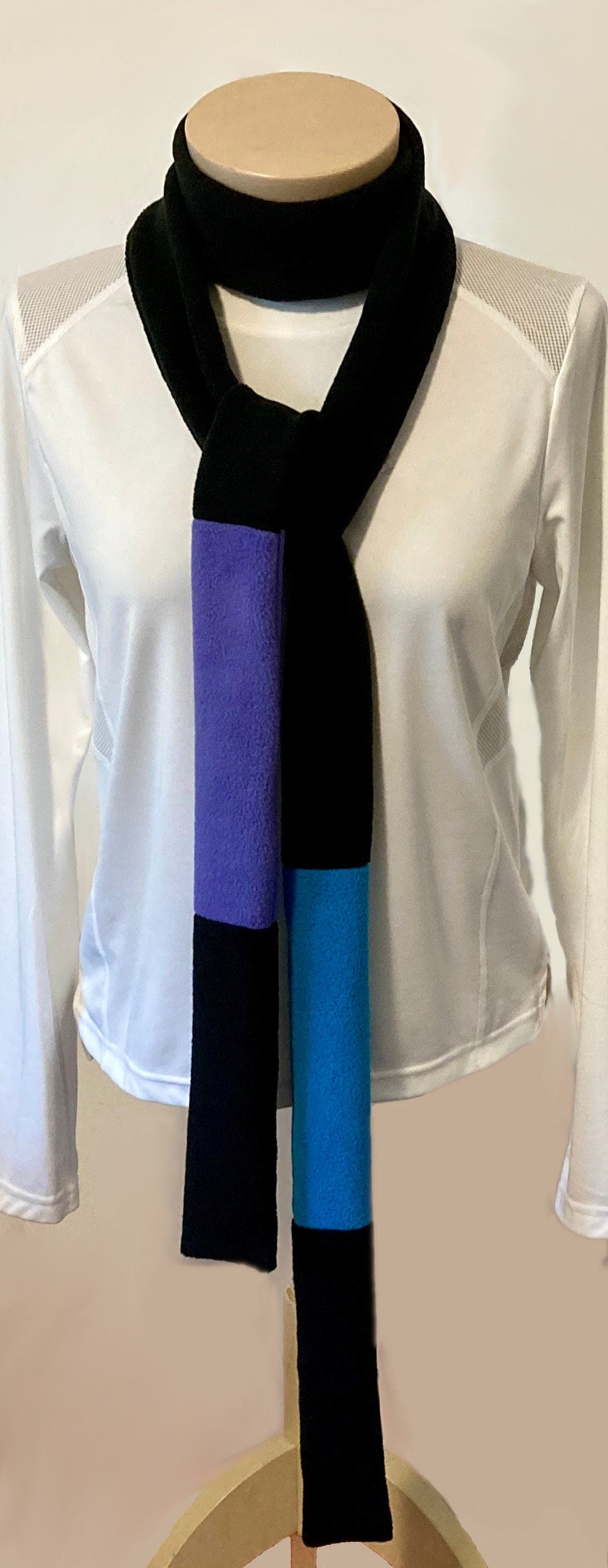 Skinny Fleece Scarf with Black, Turquoise and Purple Design