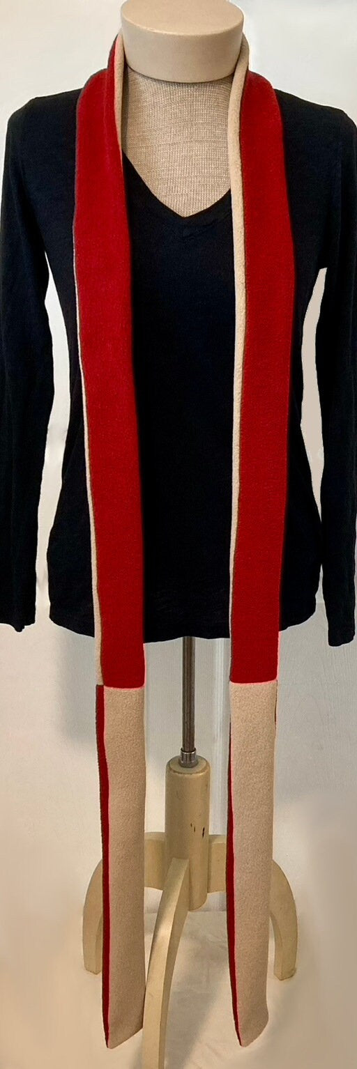 Skinny Fleece Scarf with Beige and Red Reversible Design