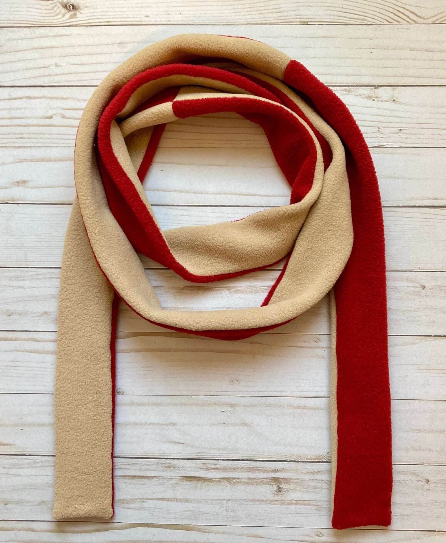 Skinny Fleece Scarf with Beige and Red Reversible Design