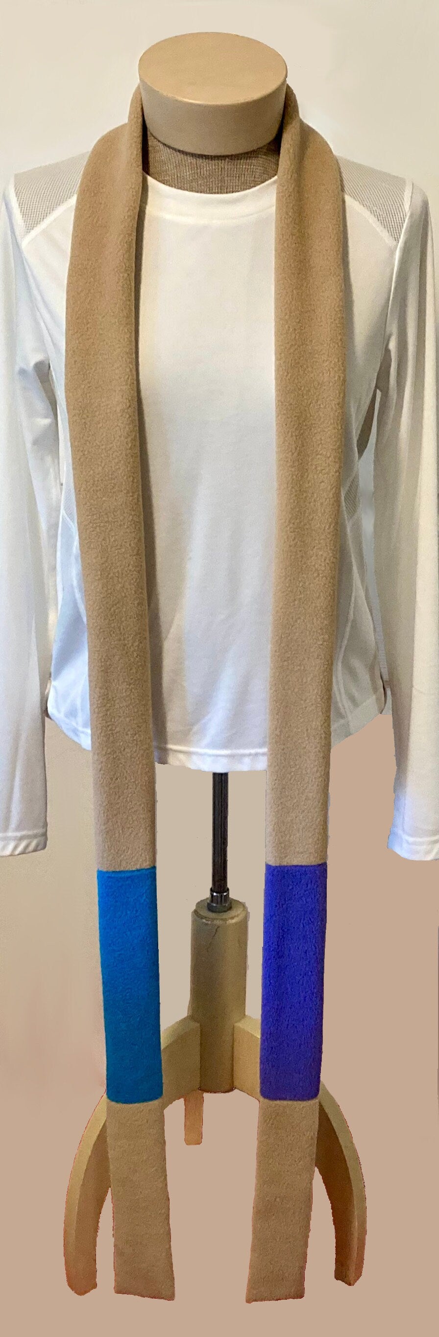 Skinny Fleece Scarf with Beige, Turquoise and Purple Design