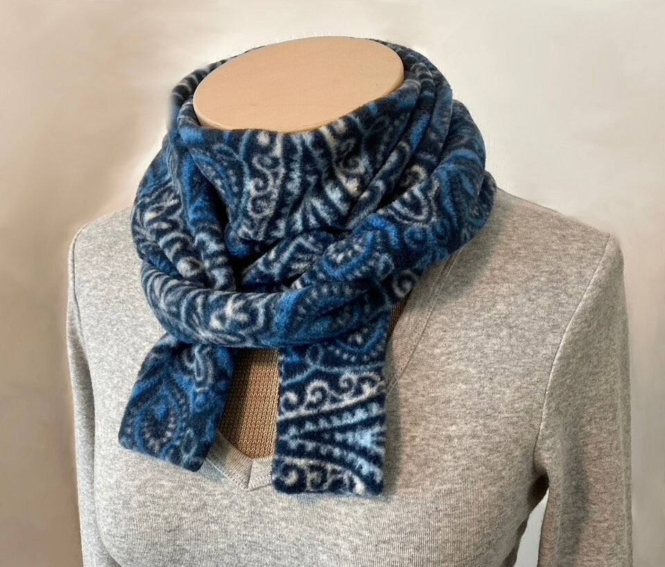 Skinny Fleece Scarf with Blue Tribal Floral Design
