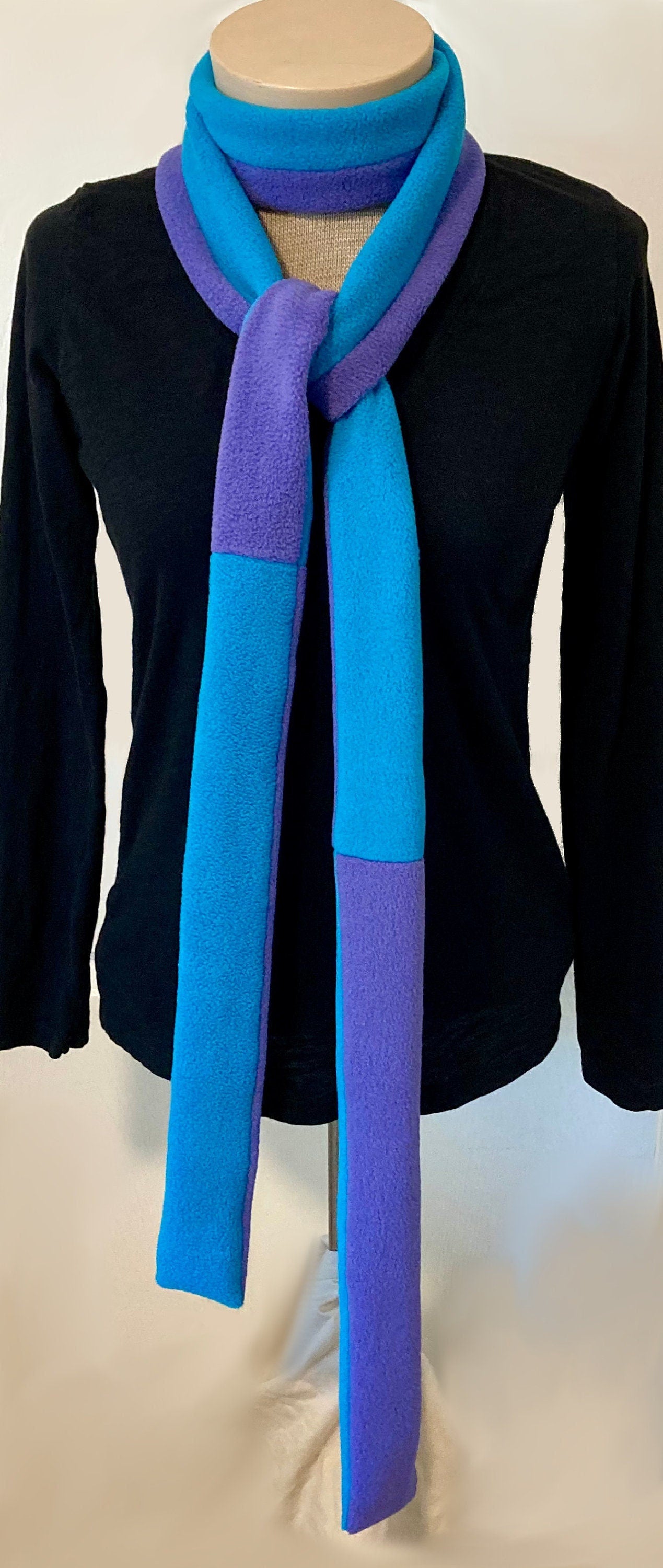 Skinny Fleece Scarf with Purple and Turquoise Reversible Design