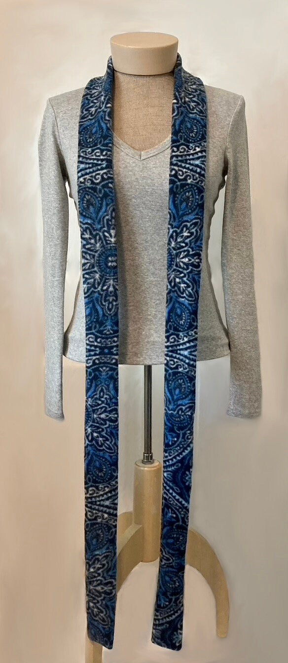 Skinny Fleece Scarf with Blue Tribal Floral Design