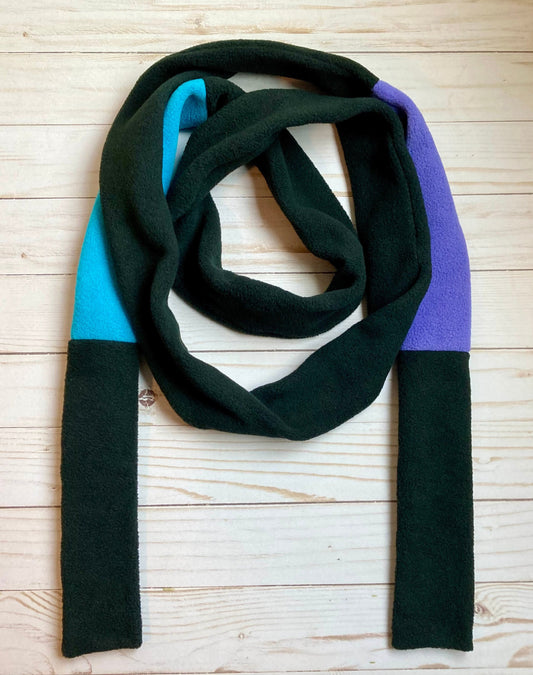 Skinny Fleece Scarf with Black, Turquoise and Purple Design