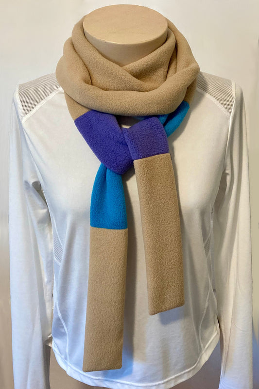 Skinny Fleece Scarf with Beige, Turquoise and Purple Design