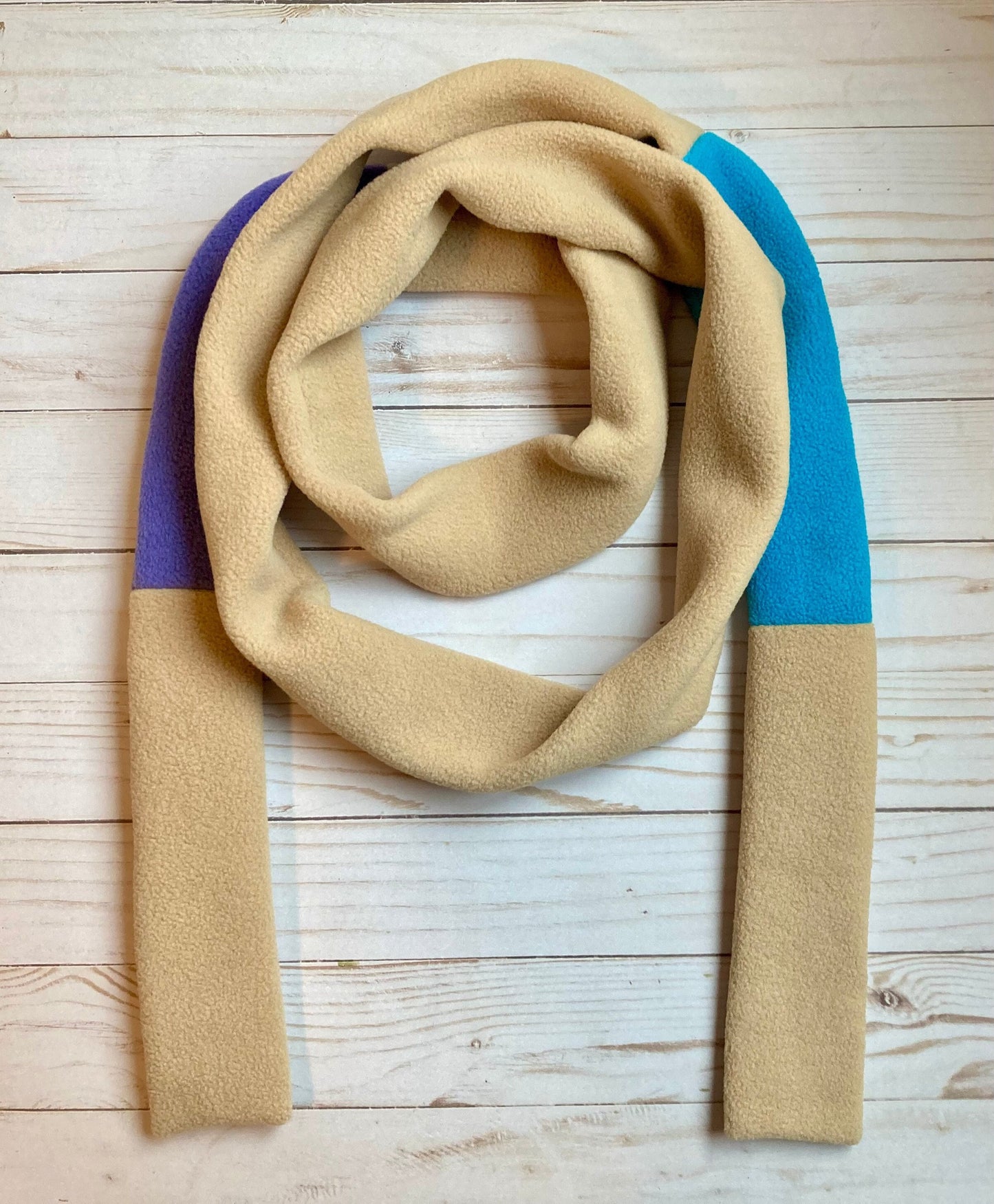 Skinny Fleece Scarf with Beige, Turquoise and Purple Design