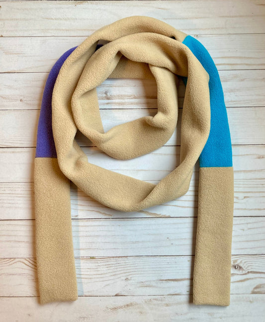 Skinny Fleece Scarf with Beige, Turquoise and Purple Design
