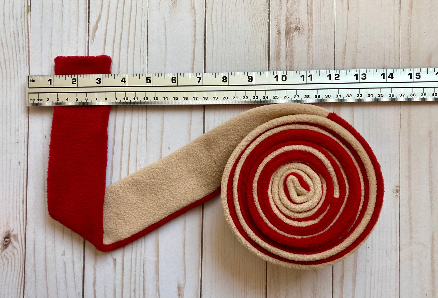 Skinny Fleece Scarf with Beige and Red Reversible Design