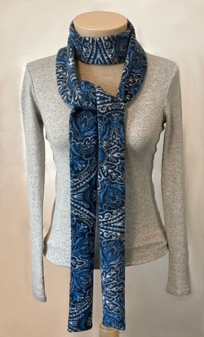 Skinny Fleece Scarf with Blue Tribal Floral Design
