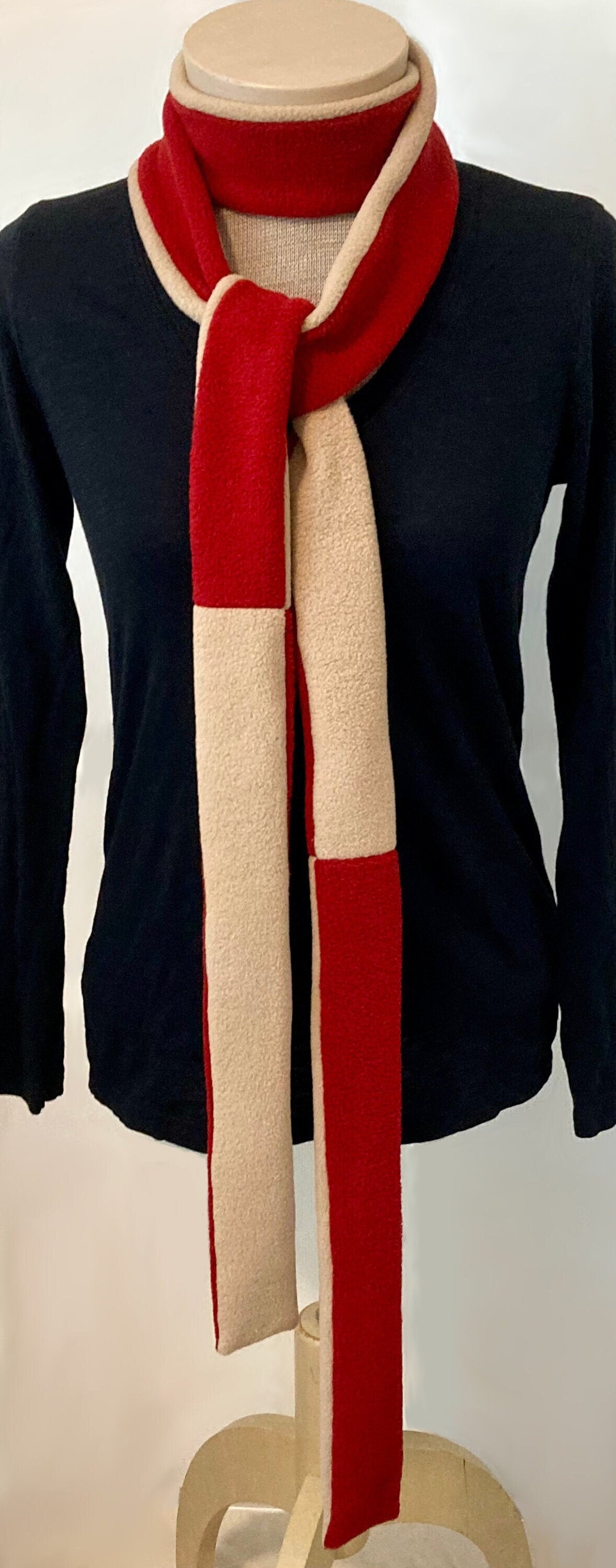 Skinny Fleece Scarf with Beige and Red Reversible Design